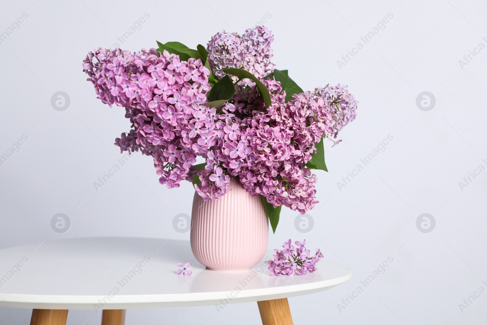 Photo of Beautiful lilac flowers in vase on white table