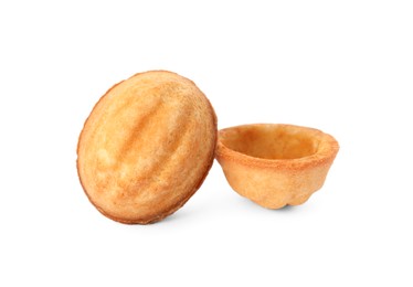 Photo of Delicious nut shaped cookies on white background