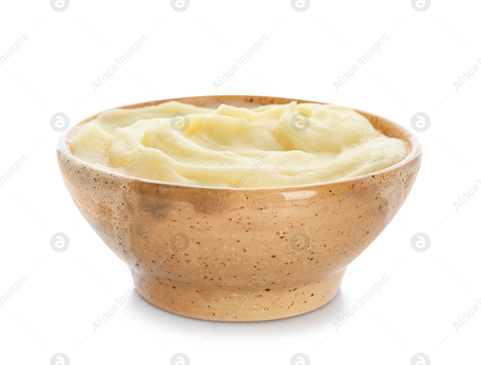 Photo of Bowl with tasty mashed potatoes on white background