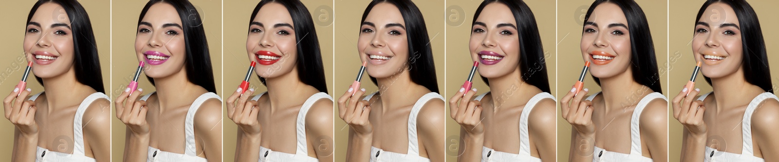 Image of Collage with photos of woman applying different beautiful lipsticks on beige background. Banner design