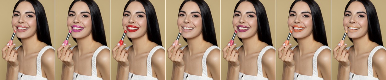 Image of Collage with photos of woman applying different beautiful lipsticks on beige background. Banner design