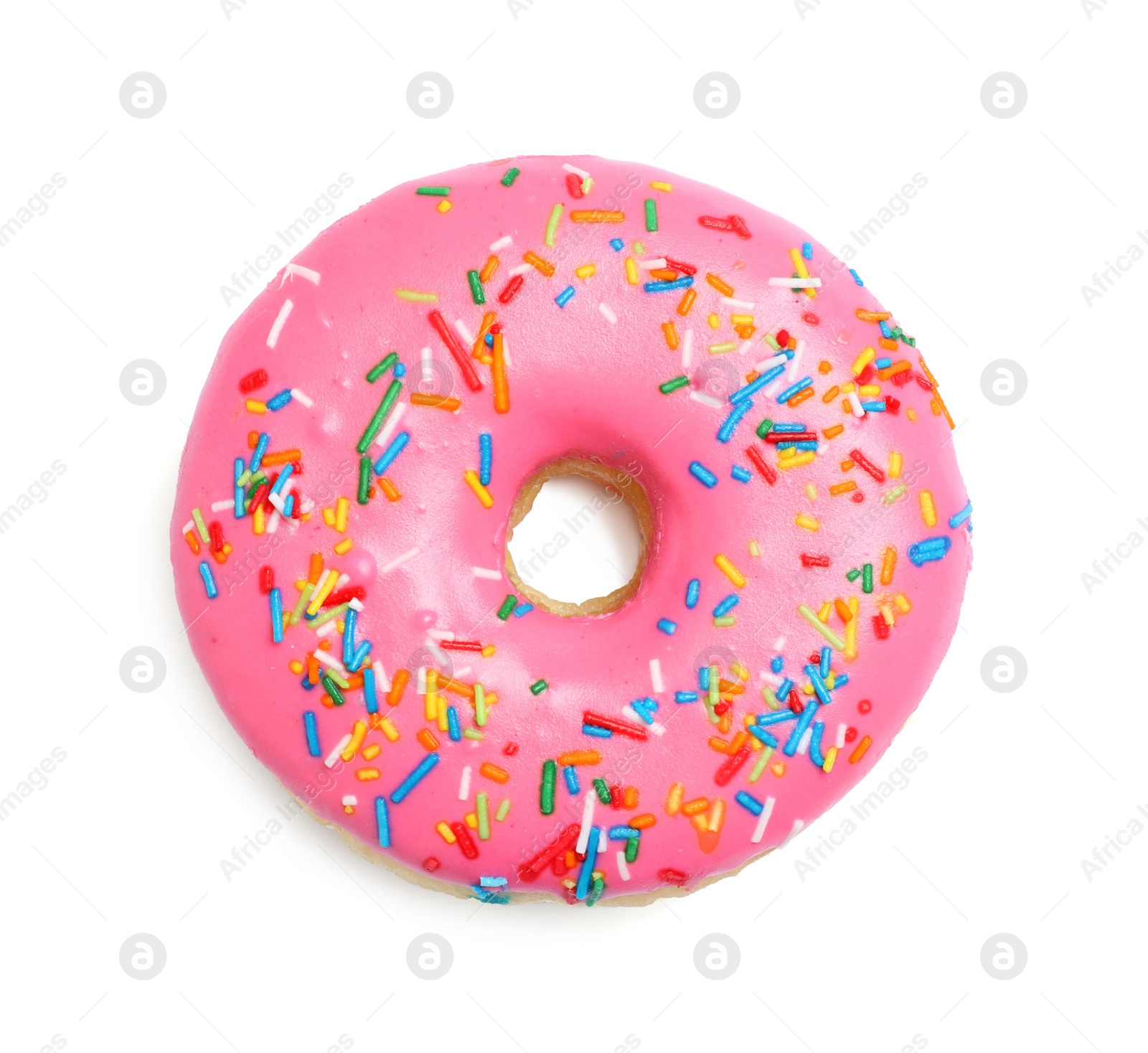 Photo of Sweet delicious glazed donut decorated with sprinkles on white background, top view