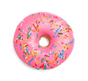 Photo of Sweet delicious glazed donut decorated with sprinkles on white background, top view