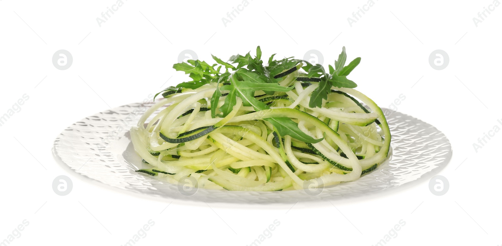 Photo of Tasty zucchini pasta with arugula isolated on white