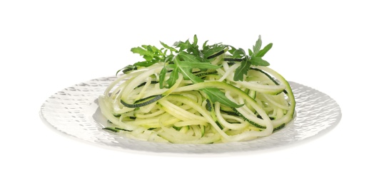 Photo of Tasty zucchini pasta with arugula isolated on white