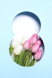 Photo of 8 March greeting card design with tulips, top view. Happy International Women's Day