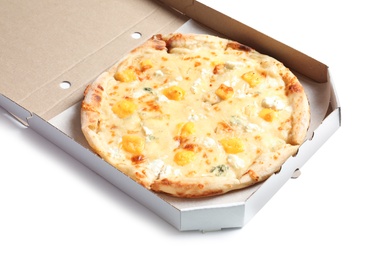 Photo of Carton box with hot cheese pizza Margherita on white background