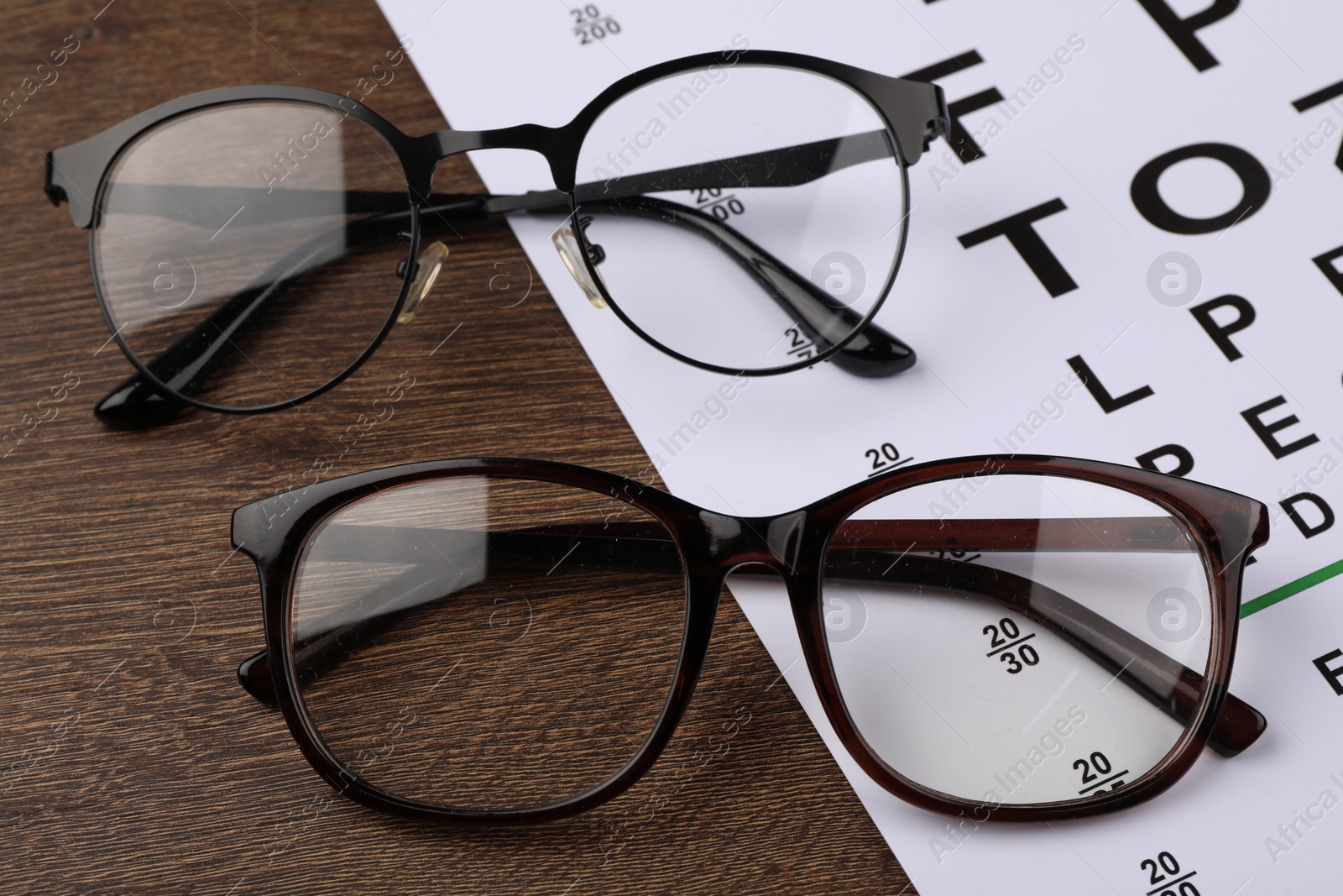 Photo of Vision test chart and glasses on wooden table, closeup