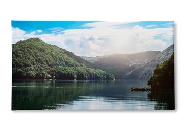 Photo printed on canvas, white background. Picturesque view of beautiful lake surrounded by mountains on sunny day