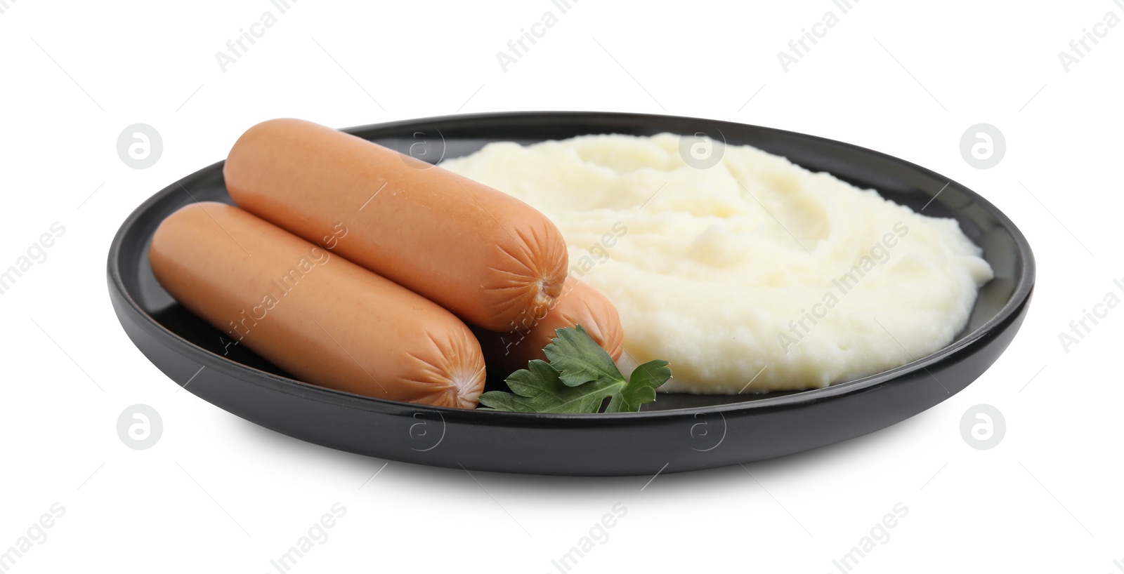 Photo of Delicious boiled sausages, mashed potato and parsley isolated on white