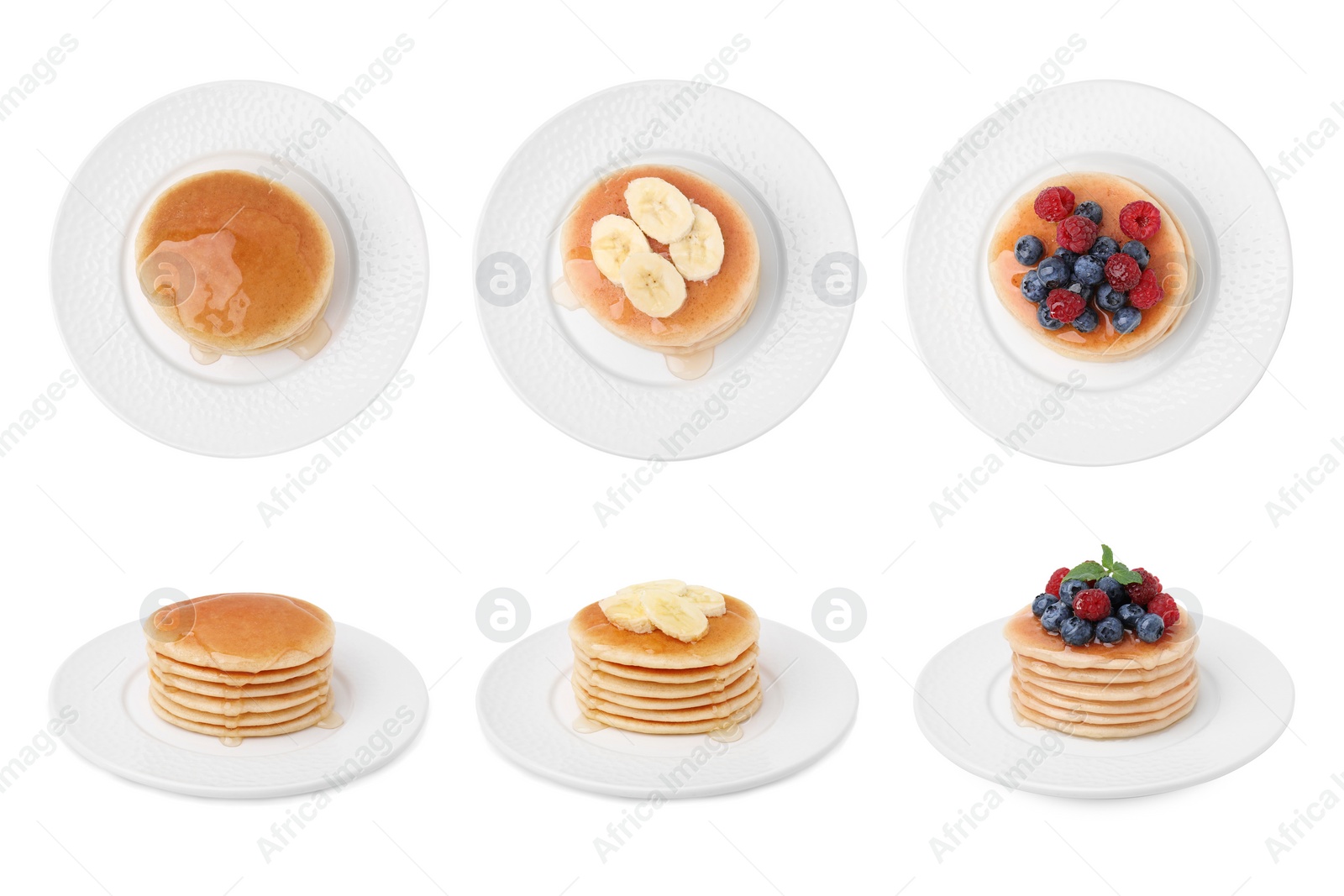 Image of Set of tasty pancakes with toppings isolated on white, top and side views