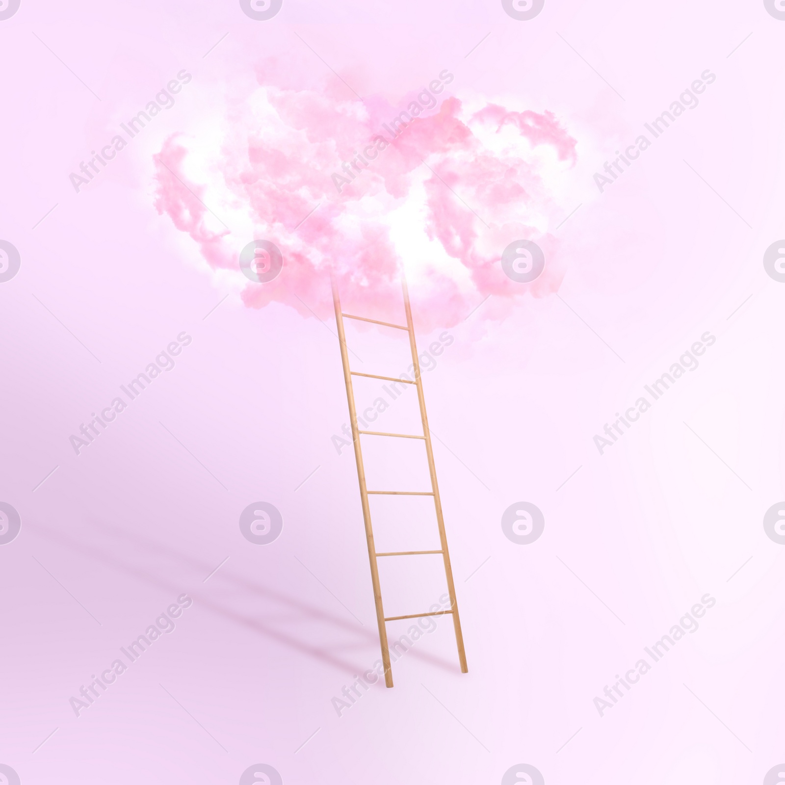 Image of Wooden ladder leading to white cloud on light pink background. Concept of growth and development