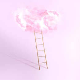 Image of Wooden ladder leading to white cloud on light pink background. Concept of growth and development