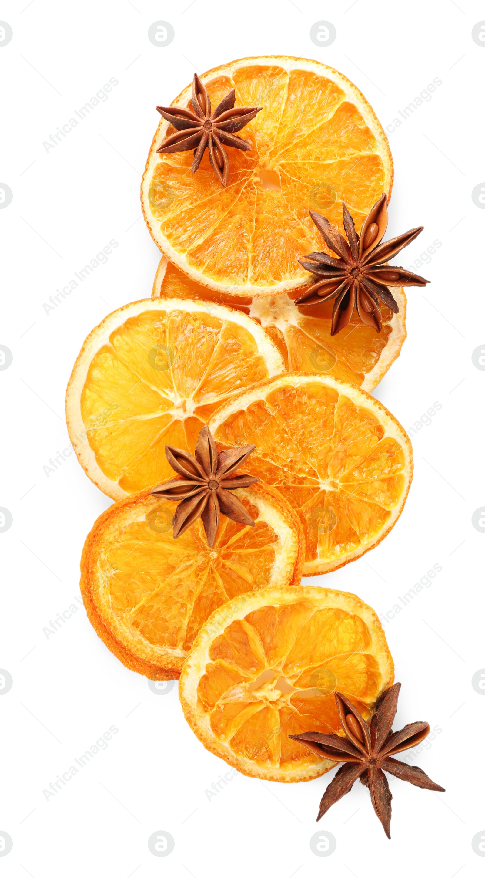 Photo of Dry orange slices and anise stars isolated on white, top view