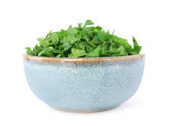 Photo of Chopped parsley leaves in bowl isolated on white