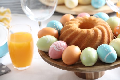 Photo of Festive Easter traditional meal on table, closeup with space for text