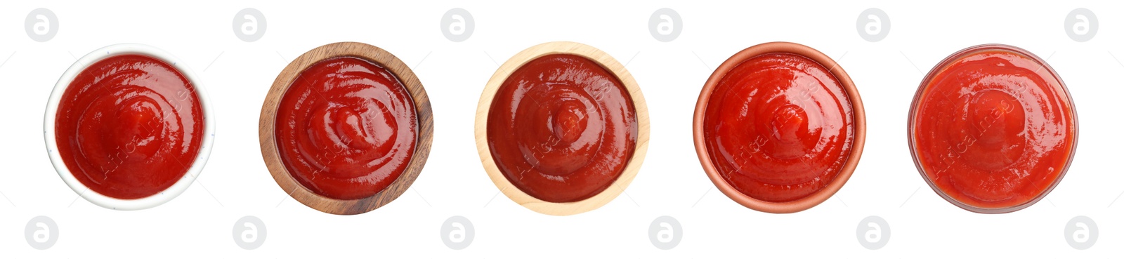 Image of Set of tasty ketchup in bowls isolated on white, top view. Tomato sauce