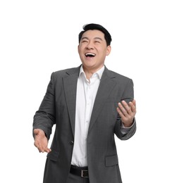 Photo of Happy businessman in suit posing on white background
