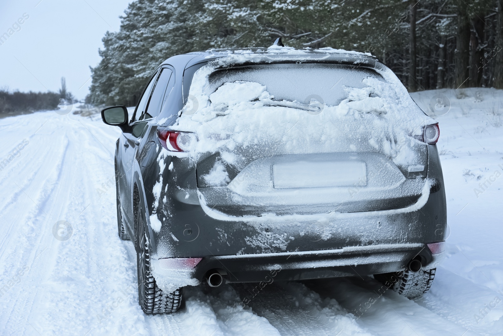 Photo of Snowy country road with car on winter day