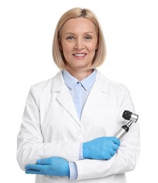 Happy dermatologist with dermatoscope isolated on white