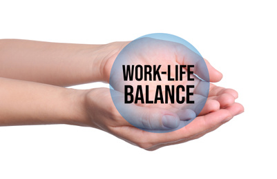 Woman demonstrating Work-life balance concept on light background, closeup