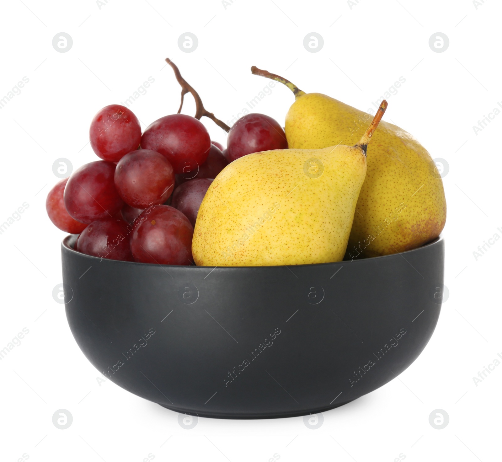 Photo of Fresh ripe pears and grapes in bowl on white background