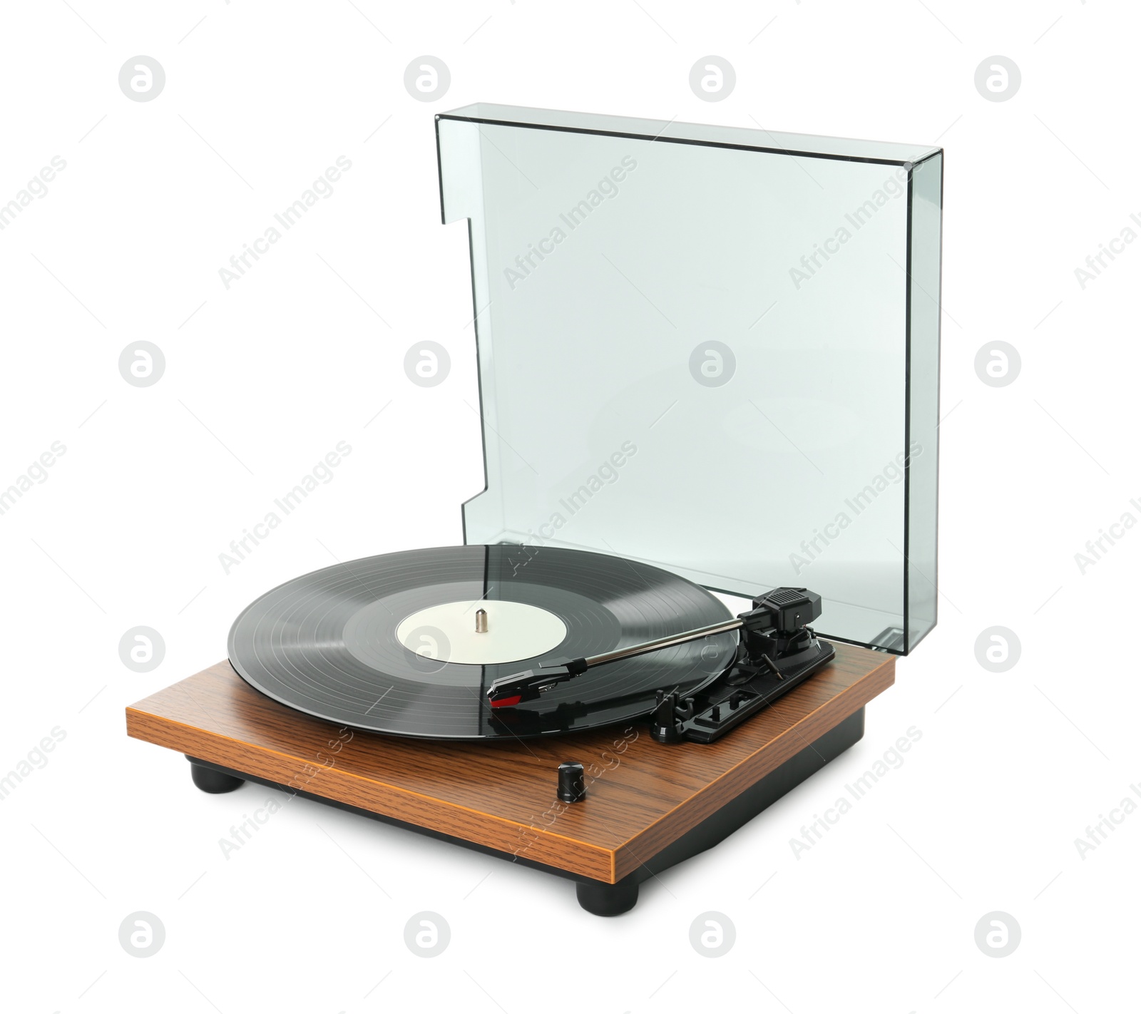 Photo of Modern turntable with vinyl record isolated on white