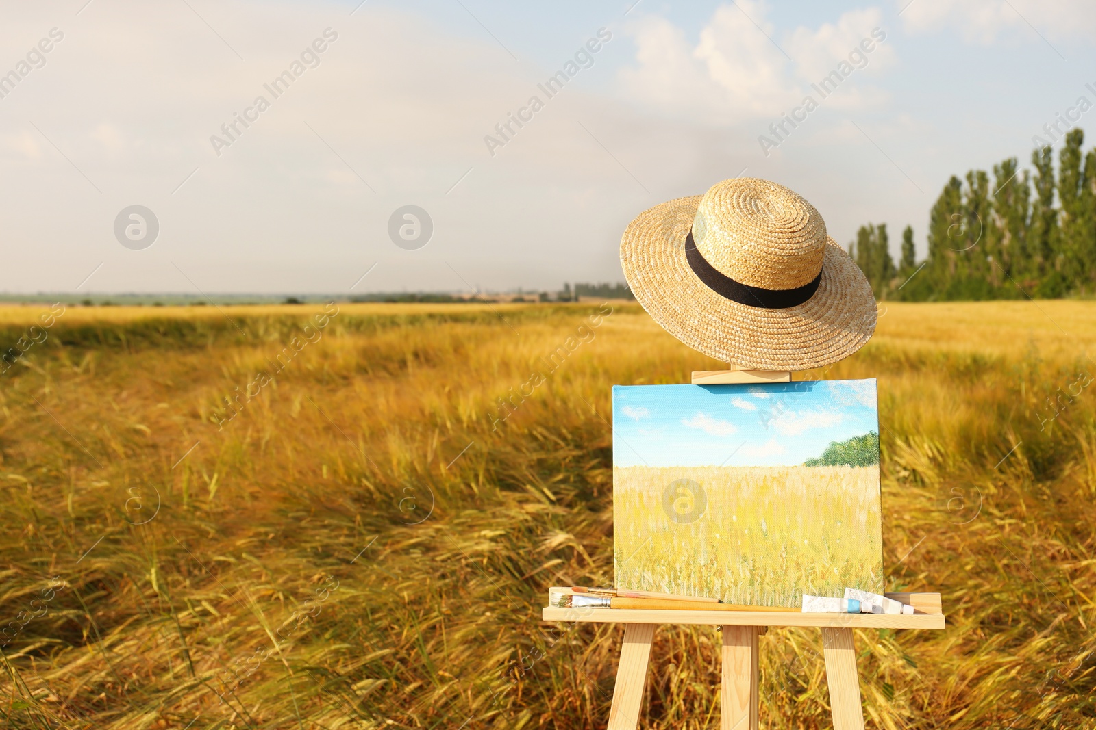 Photo of Wooden easel with beautiful picture, painting equipment and hat in field. Space for text