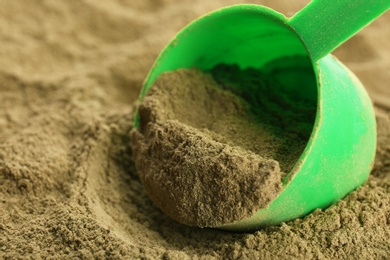 Hemp protein powder and measuring scoop, closeup