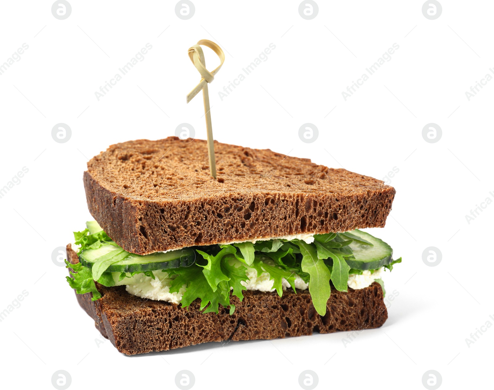 Photo of Tasty sandwich with cream cheese, cucumber and greens on white background