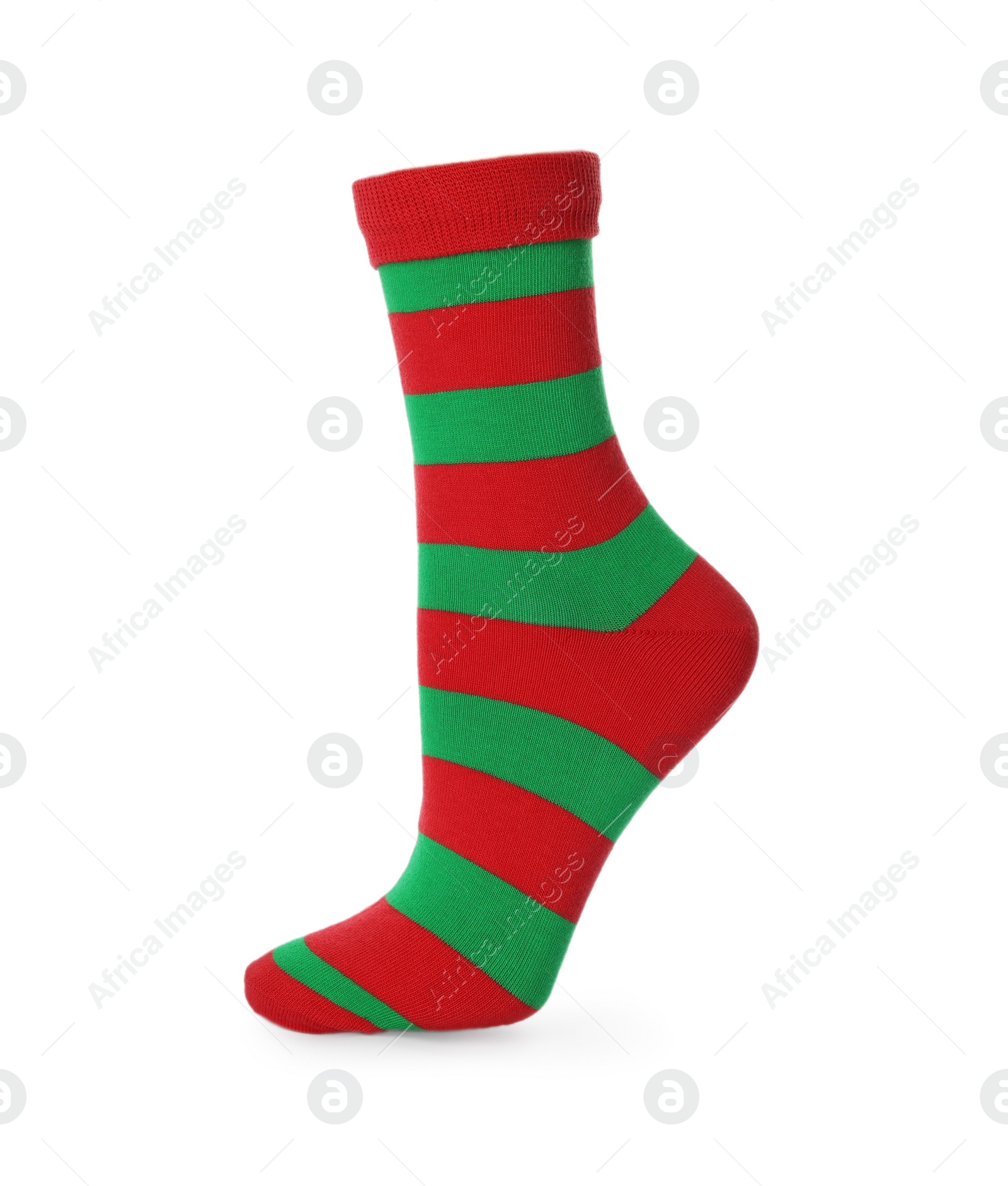 Photo of One red and green striped sock isolated on white