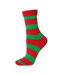 One red and green striped sock isolated on white