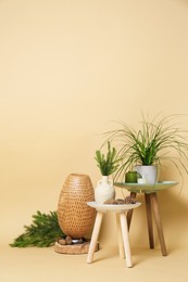 Decorative tables with candles and plants on beige background