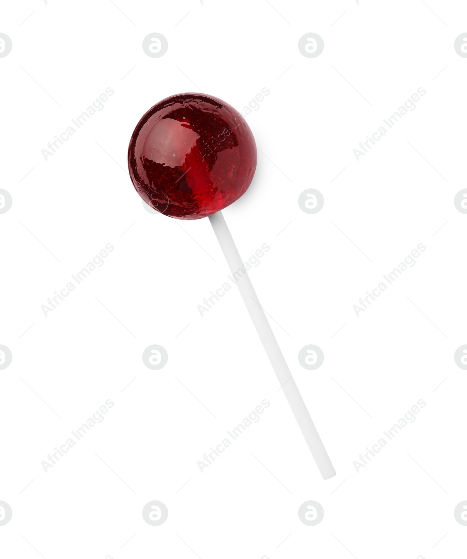 Photo of One sweet red lollipop isolated on white, top view