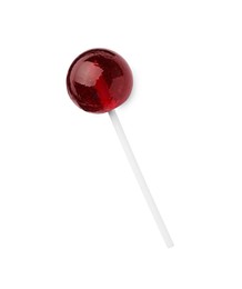 Photo of One sweet red lollipop isolated on white, top view