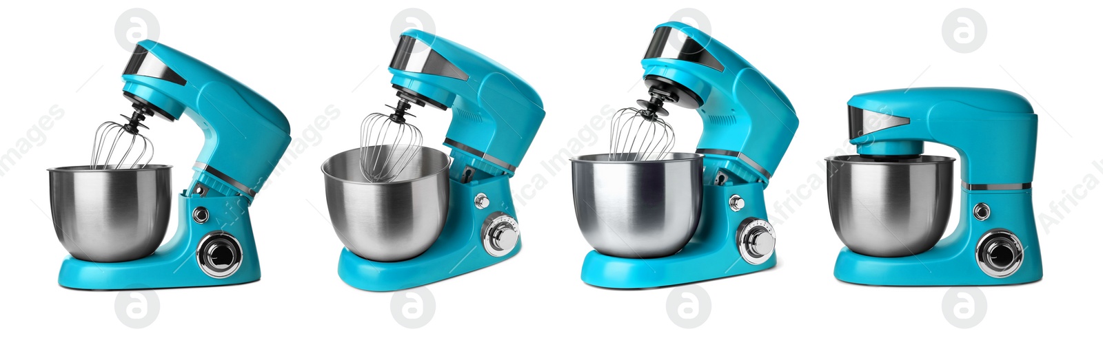 Image of Light blue stand mixers isolated on white, set