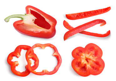 Set of cut ripe red bell peppers on white background