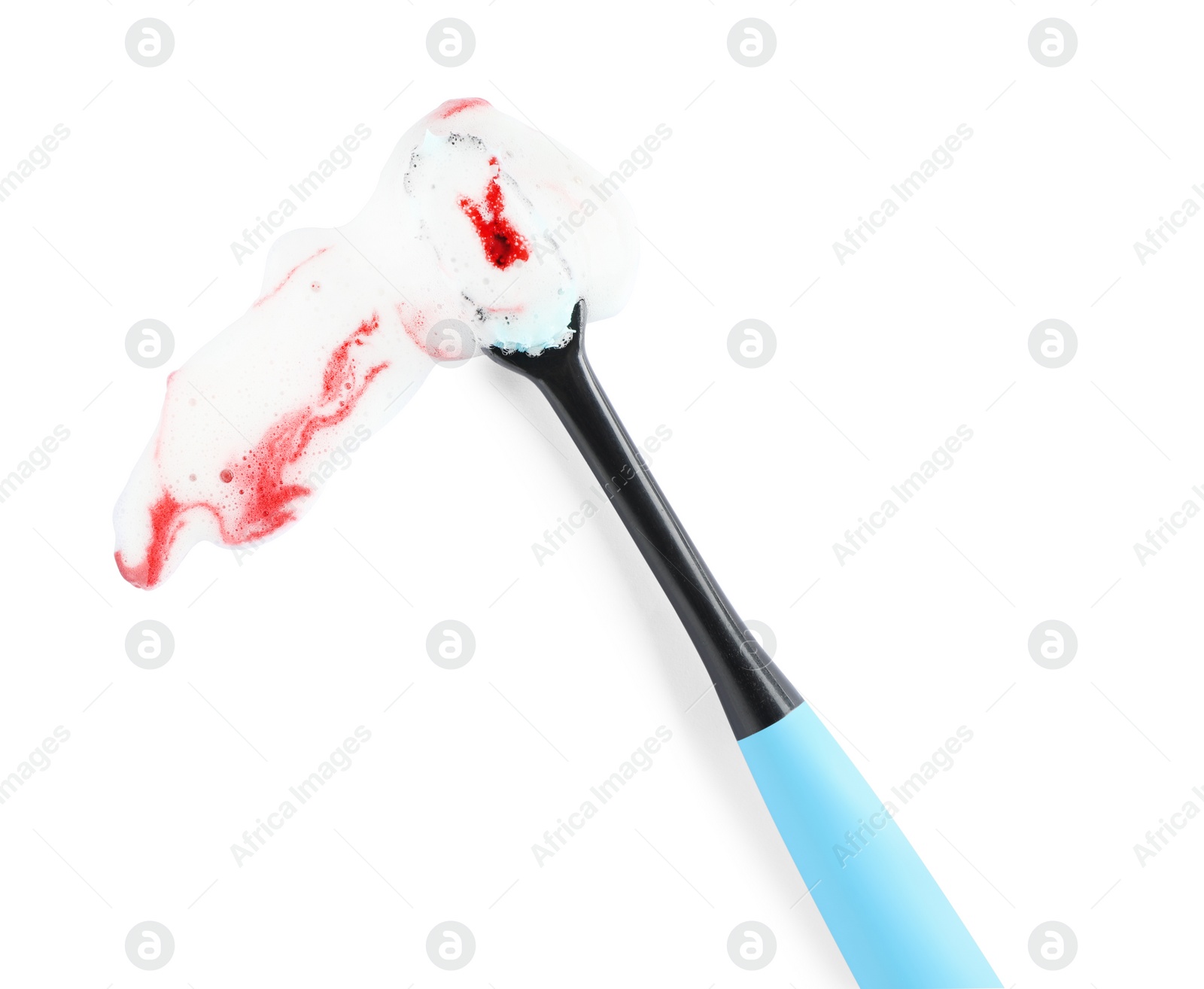 Photo of Brush and toothpaste foam with blood on white background, top view. Gum problems