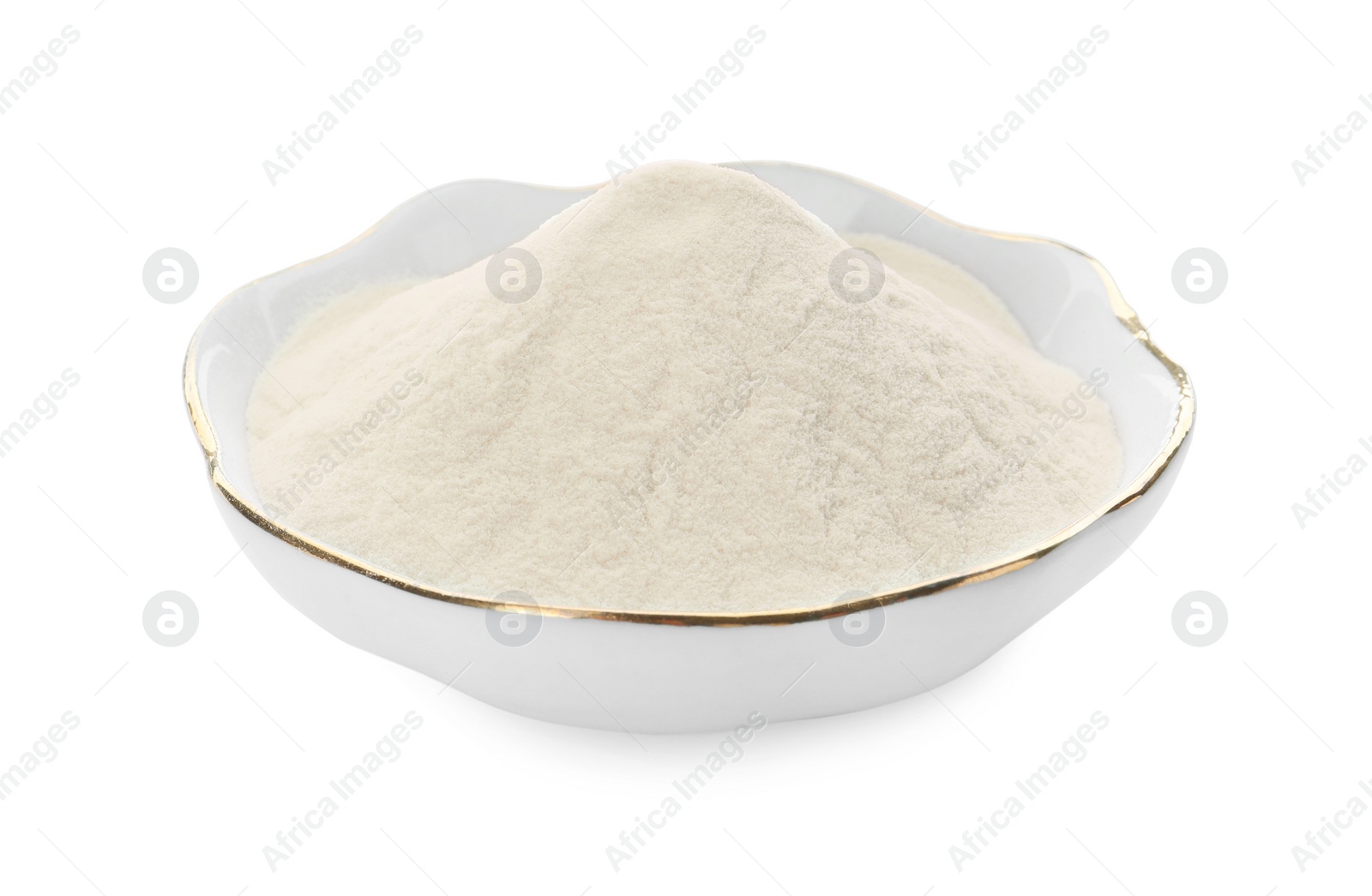 Photo of Bowl of agar-agar powder isolated on white