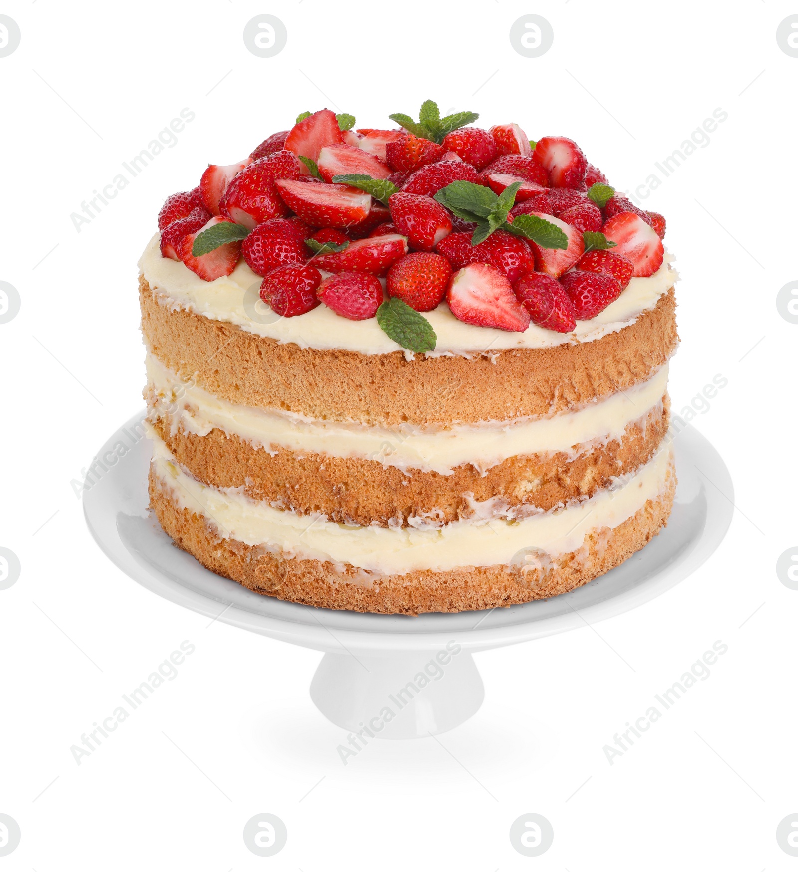 Photo of Tasty cake with fresh strawberries and mint isolated on white