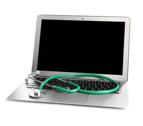 Photo of Modern laptop with stethoscope on white background. Mockup for design