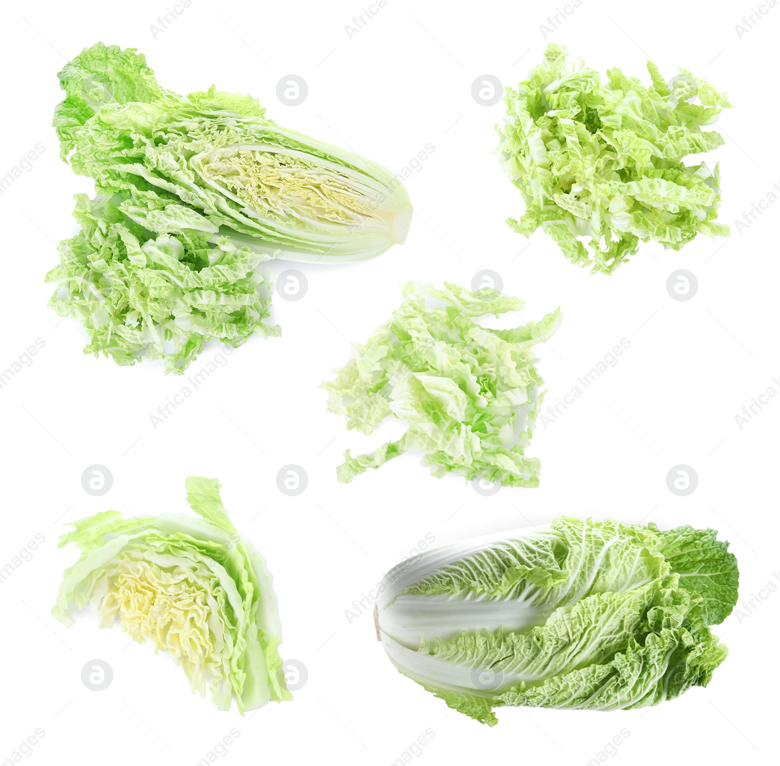 Image of Set of fresh ripe Chinese cabbages on white background, top view