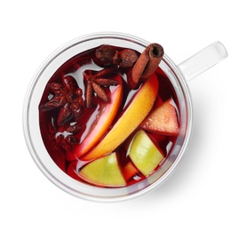 Photo of Cup with red mulled wine on white background, top view