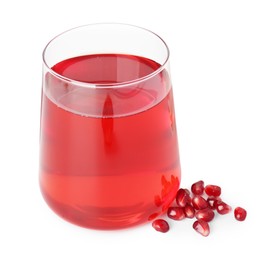 Photo of Refreshing pomegranate juice in glass and seeds isolated on white