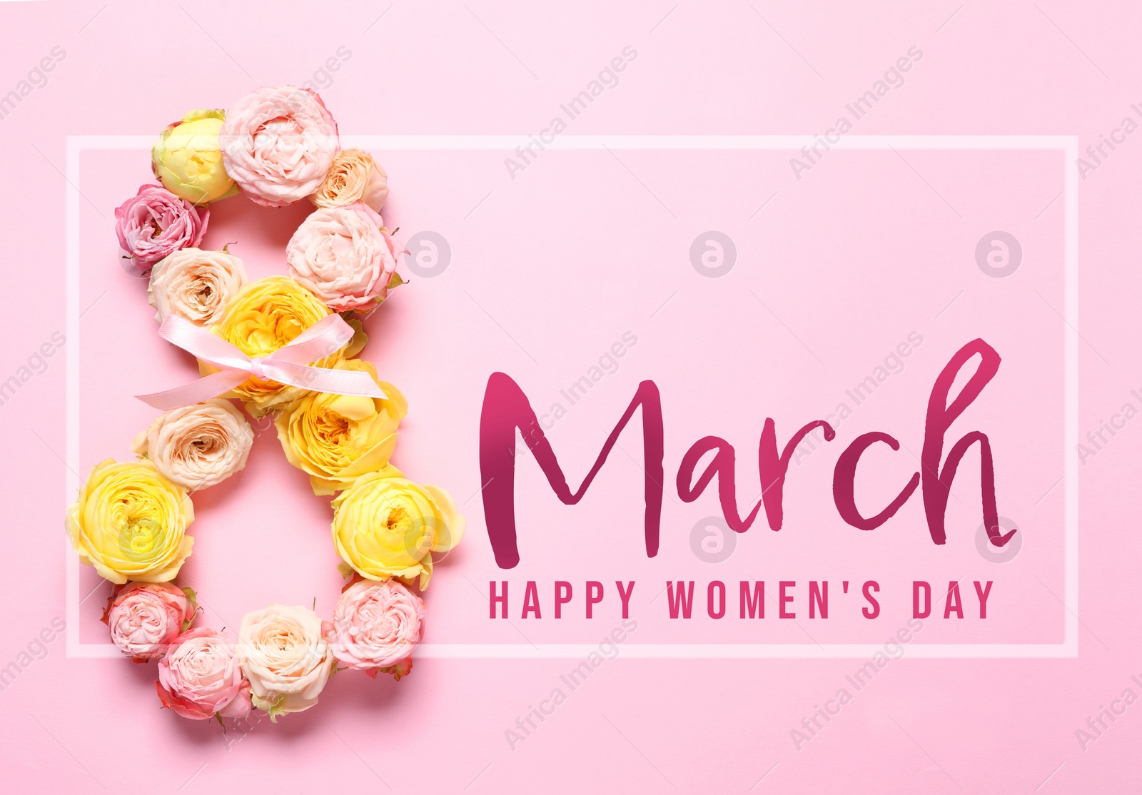 Image of 8 March - Happy International Women's Day. Greeting card design with different flowers on pink background, top view