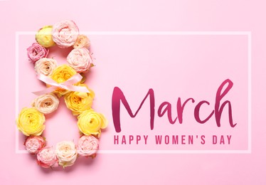 Image of 8 March - Happy International Women's Day. Greeting card design with different flowers on pink background, top view