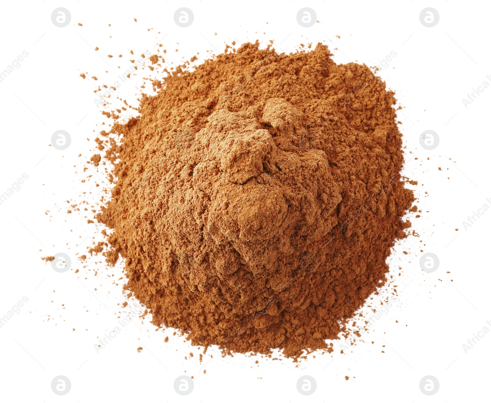Photo of Pile of dry aromatic cinnamon powder isolated on white, top view