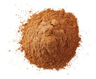 Pile of dry aromatic cinnamon powder isolated on white, top view