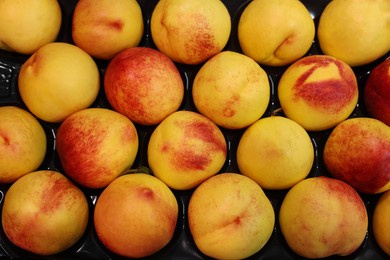 Photo of Many fresh ripe peaches in container, top view