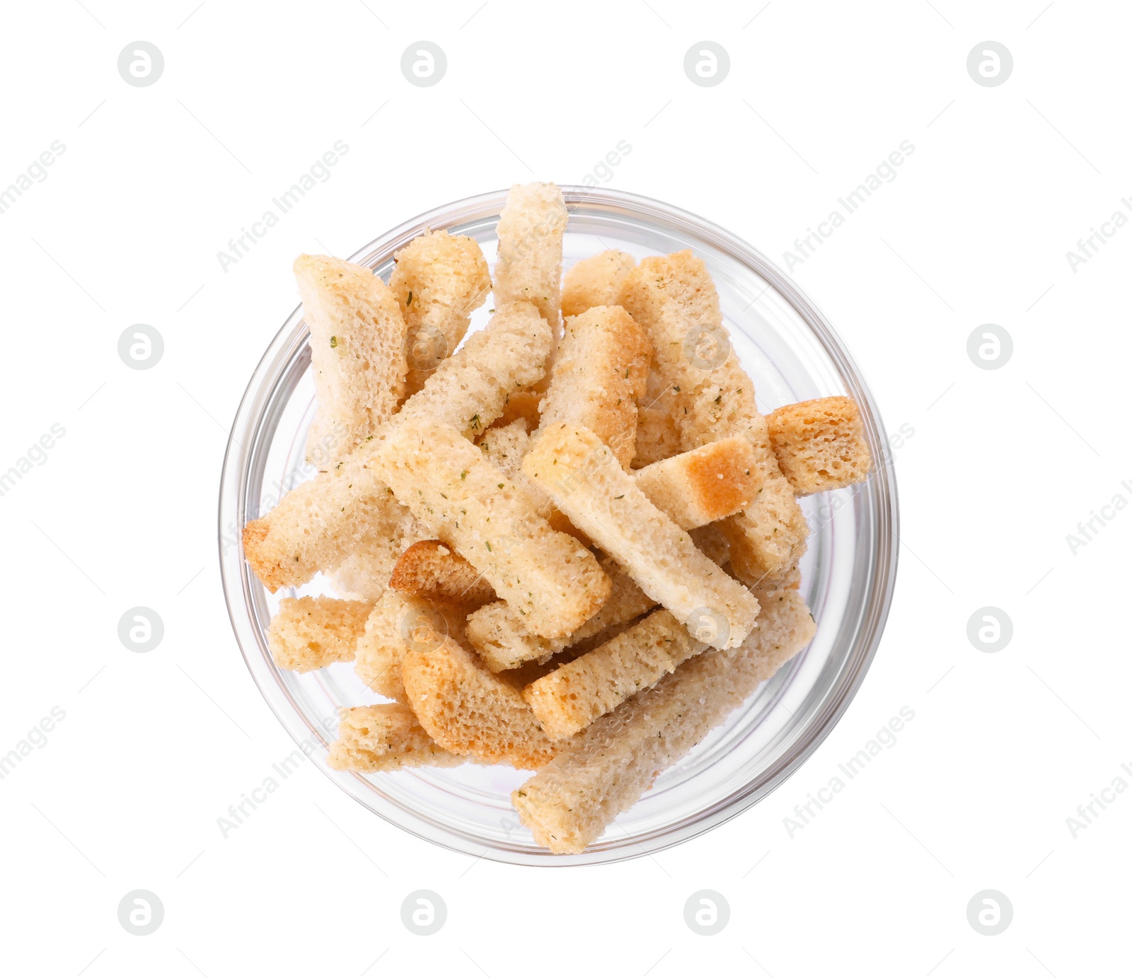 Photo of Crispy rusks in bowl isolated on white, top view